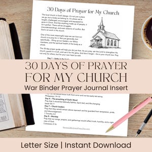 May include: A printed guide titled "30 Days of Prayer for My Church" with a church illustration. The image includes a Bible, a cup of coffee, and two pens. The text "Letter Size | Instant Download" is at the bottom.