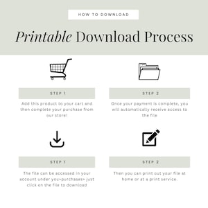 May include: A graphic illustrating the printable download process. The image includes a shopping cart, file folder, downward arrow, and a pencil icon. Text includes "Printable Download Process" and instructions for purchasing and accessing the file.