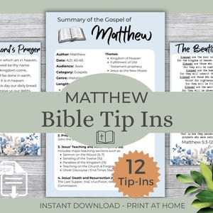 Peut inclure: Téléchargement numérique avec des conseils d'étude biblique pour l'Évangile de Matthieu. La conception comprend le texte du Notre Père et des Béatitudes, ainsi qu'un résumé de l'Évangile. L'image comprend le texte "Téléchargement instantané - Imprimez à la maison".