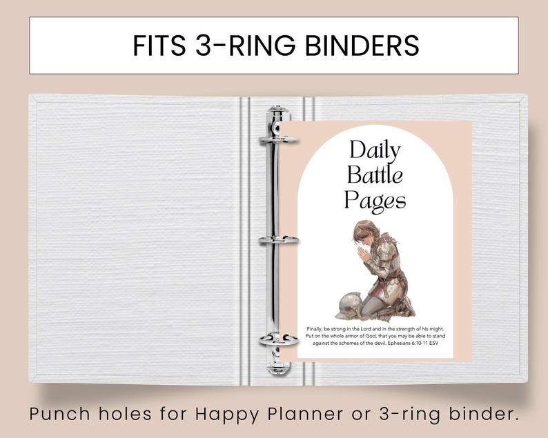 May include: A white 3-ring binder with a Daily Battle Pages insert. The insert features an illustration of a person in armor kneeling in prayer. Text at the top reads "FITS 3-RING BINDERS".