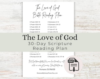 May include: A white printable Bible reading plan with the text "The Love of God" and a 30-day scripture reading schedule. The plan includes various Bible verses and a PDF icon.