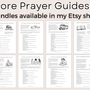 May include: A collection of printable prayer guides with the text "More Prayer Guides & bundles available in my Etsy shop!". Each guide features a title such as "30 Days of Prayer for Your Husband" and includes illustrations and text.