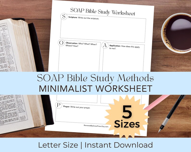 Puede incluir: Una hoja de trabajo de estudio b&iacute;blico SOAP blanca con secciones para Escritura, Observaci&oacute;n, Aplicaci&oacute;n y Oraci&oacute;n. El documento incluye el texto SOAP Bible Study Worksheet, 5 Sizes y Letter Size | Instant Download junto a una Biblia.