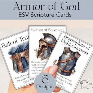May include: Watercolor illustrations of the Armor of God on scripture cards. The cards feature a belt, helmet, and breastplate with corresponding Bible verses. The image includes the text "Armor of God" and "ESV Scripture Cards".