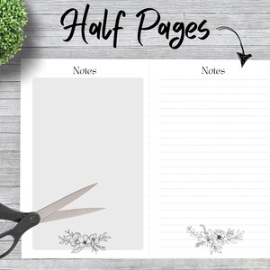 Peut inclure: Une feuille de papier blanche avec le texte "Half Pages" et "Notes". Le papier a une page lign&eacute;e et une page vierge. Une paire de ciseaux noirs est sur le c&ocirc;t&eacute; gauche. Des dessins floraux sont au bas des pages.