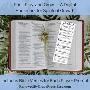 May include: An open Bible with a bookmark that reads "U.P.R.O.O.T Prayer Guide" and the text "Print, Pray, and Grow - A Digital Bookmark for Spiritual Growth." The bookmark includes Bible verses for each prayer prompt. The Etsy shop name is RenewedByGracePress.Etsy.com.