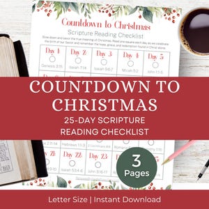 Op de afbeelding: Een afdrukbare kerstschriftlezingchecklist met de tekst "Countdown to Christmas" en "25-Day Scripture Reading Checklist". Het ontwerp bevat een kopje koffie, een bijbel en een potlood. De checklist is letterformaat.