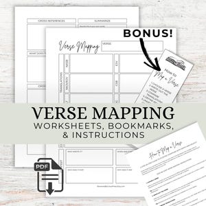 May include: White worksheets and bookmarks for verse mapping, with the text "Verse Mapping Worksheets, Bookmarks, & Instructions." Includes a "How to Map a Verse" guide and a PDF download icon.