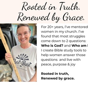 May include: A woman wearing glasses and a t-shirt with the text "Dust or Bust" holds a wooden ruler. The image includes the text "Rooted in Truth. Renewed by Grace."