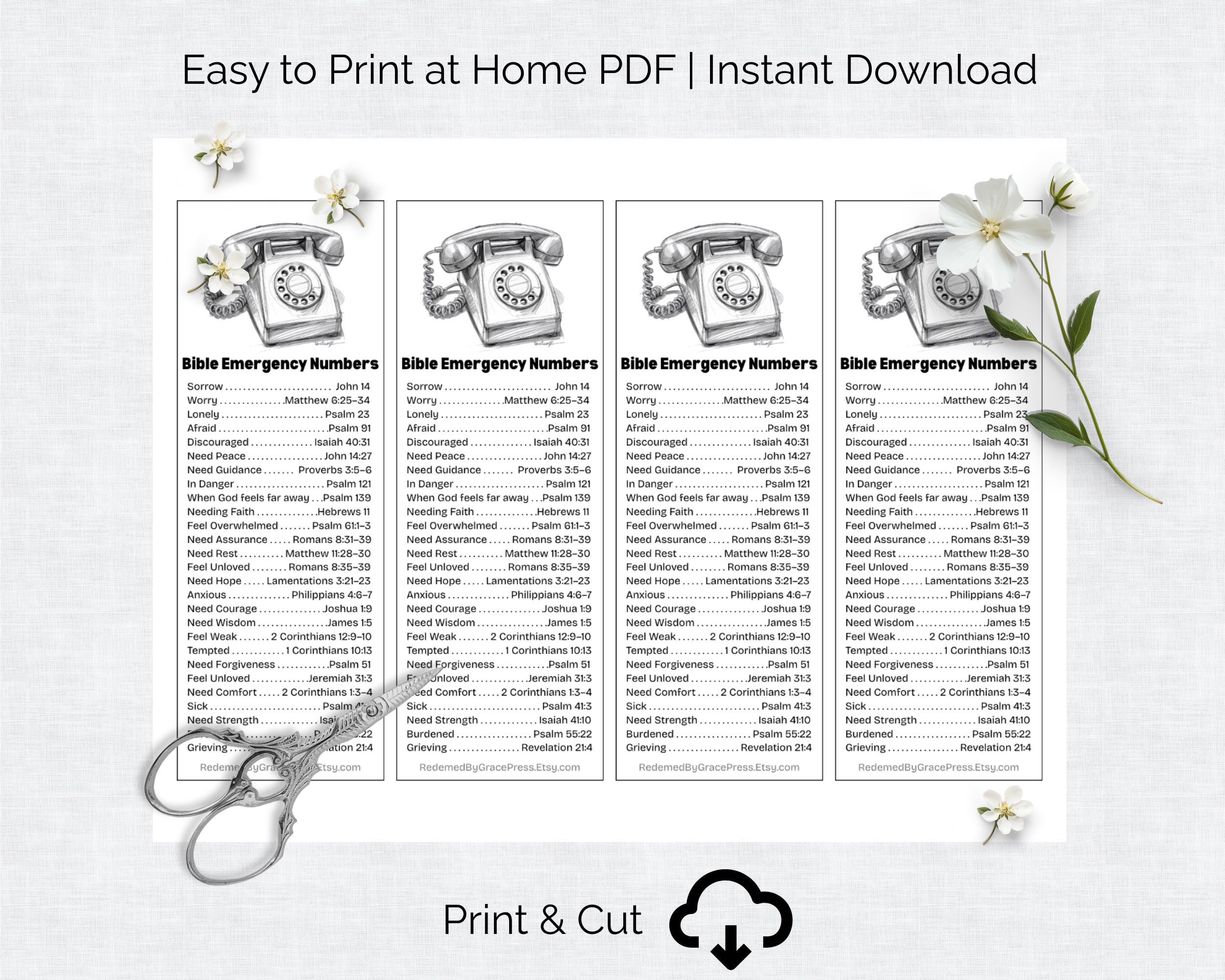 Bible Emergency Number Bookmark Set | Christian Printable Scripture ...