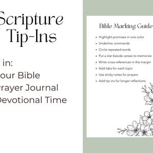 Peut inclure: Une carte blanche avec le texte "Scripture Tip-Ins" et "Use in: Your Bible, Prayer Journal, Devotional Time." Une deuxi&egrave;me carte indique "Bible Marking Guide" avec des instructions pour la mise en &eacute;vidence et la prise de notes. Des illustrations florales sont dans le coin.