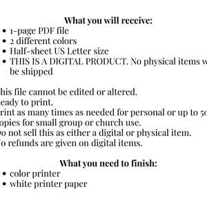 Peut inclure: Une fiche d'information sur un produit num&eacute;rique avec du texte noir sur fond blanc. Elle d&eacute;taille un fichier PDF d'une page, 2 couleurs diff&eacute;rentes, un format demi-page US Letter, des instructions d'impression, des limites d'utilisation et le mat&eacute;riel requis.