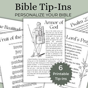 Op de afbeelding: Een verzameling van zes afdrukbare Bijbel-tip-ins, met verzen zoals Psalm 23 en het Onze Vader. De witte pagina's hebben zwarte tekst en illustraties, perfect om je Bijbel te personaliseren.