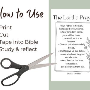 May include: A printable card featuring The Lord's Prayer text from Matthew 6:9-13 ESV with a floral illustration. The instructions read: How to Use, Print, Cut, Tape into Bible, Study & reflect. A pair of black scissors is positioned in the foreground.