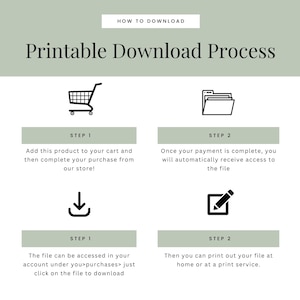 Peut inclure: Un graphique p&eacute;dagogique intitul&eacute; Printable Download Process avec un sch&eacute;ma de couleurs vert sauge et blanc. Il pr&eacute;sente quatre &eacute;tapes avec des ic&ocirc;nes noires : un caddie, un dossier, une fl&egrave;che de t&eacute;l&eacute;chargement et un carr&eacute; avec un crayon.