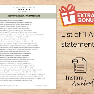 Op de afbeelding: Een witte pagina uit een dagboek met een lijst met "Ik ben"-verklaringen, een cadeau-box-afbeelding en een PDF-pictogram. De tekst bevat "Identiteit in Christus" en "Direct downloaden."