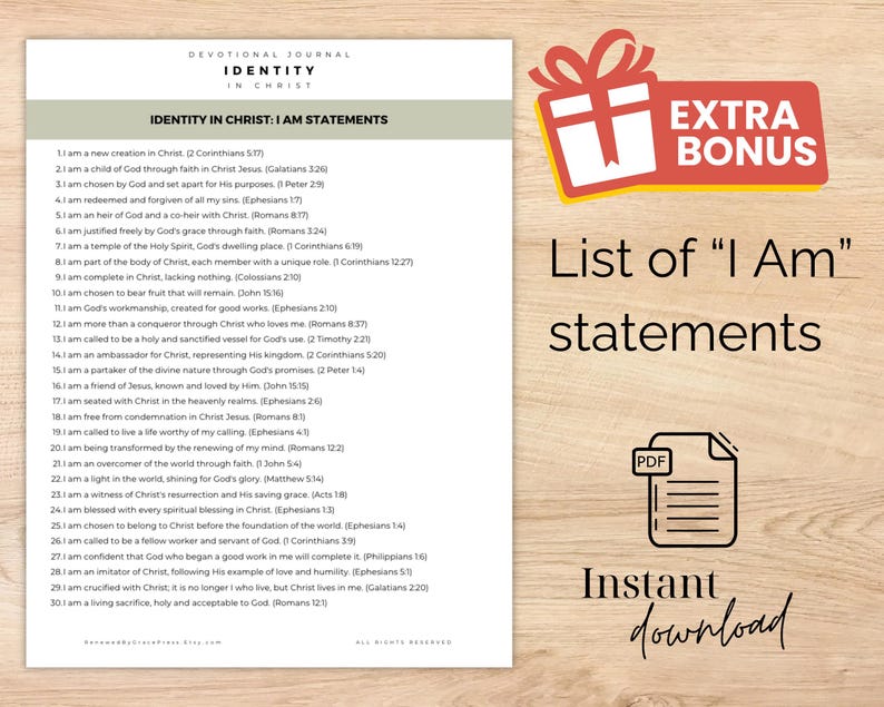 Op de afbeelding: Een witte pagina uit een dagboek met een lijst met "Ik ben"-verklaringen, een cadeau-box-afbeelding en een PDF-pictogram. De tekst bevat "Identiteit in Christus" en "Direct downloaden."