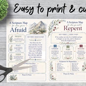 May include: A printed scripture map featuring two sections titled A Scripture Map for when you're Afraid and A Scripture Map for when you need to Repent. The document includes floral illustrations, mountain imagery, and text passages from the KJV Bible.