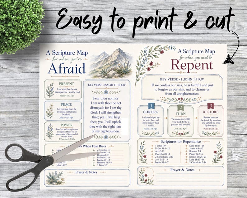 May include: A printed scripture map featuring two sections titled A Scripture Map for when you're Afraid and A Scripture Map for when you need to Repent. The document includes floral illustrations, mountain imagery, and text passages from the KJV Bible.