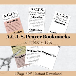Puede incluir: Un conjunto de marcadores de oración A.C.T.S. con tres diseños diferentes. Cada marcador presenta el método de oración A.C.T.S., con secciones para Adoración, Confesión, Acción de Gracias y Súplica. El texto es negro sobre un fondo blanco o pastel.