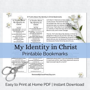 Identidade em Cristo para impressão, marcadores, afirmações, versículos bíblicos, cartões de estudo bíblico, ministério feminino, recursos para educação domiciliar infantil em PDF