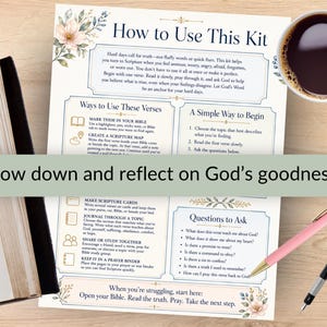 May include: A printed instructional guide titled How to Use This Kit with floral accents, featuring sections on scripture study methods, a simple way to begin, and questions to ask, accompanied by a Bible, a pink pen, a black pen, and a coffee cup.