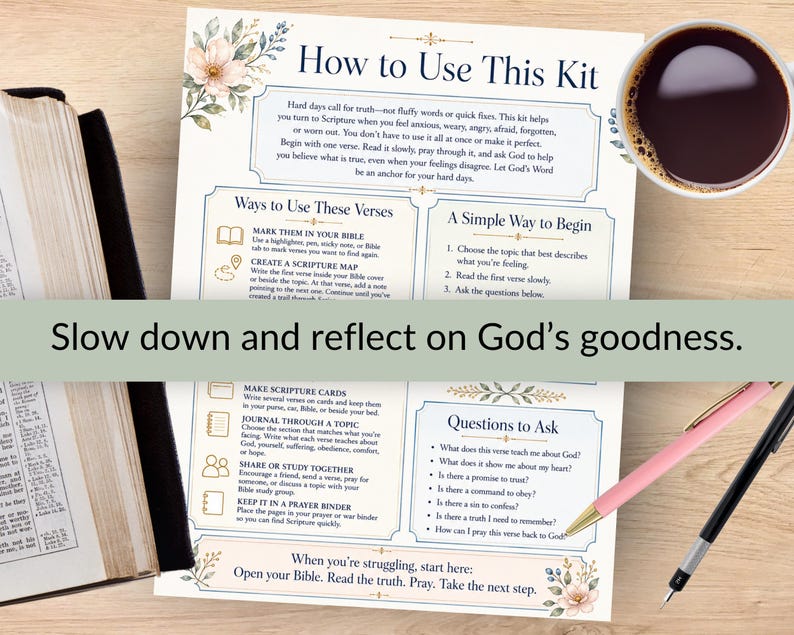 May include: A printed instructional guide titled How to Use This Kit with floral accents, featuring sections on scripture study methods, a simple way to begin, and questions to ask, accompanied by a Bible, a pink pen, a black pen, and a coffee cup.