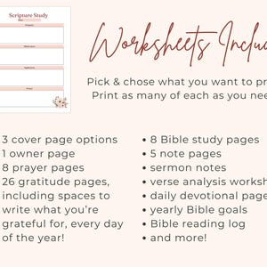 May include: A printable worksheet set with a light pink and white design. The text "Scripture Study" is at the top, with sections for scripture, meditation, application, and response. The text "Worksheets Include" is also visible.