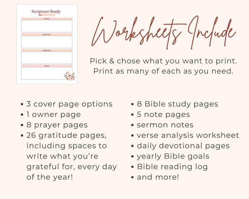 May include: A printable worksheet set with a light pink and white design. The text "Scripture Study" is at the top, with sections for scripture, meditation, application, and response. The text "Worksheets Include" is also visible.