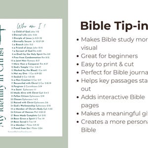 Peut inclure: Une feuille imprimable blanche pr&eacute;sentant une liste intitul&eacute;e My Identity in Christ avec trente et une affirmations spirituelles num&eacute;rot&eacute;es et des r&eacute;f&eacute;rences bibliques. Le c&ocirc;t&eacute; droit affiche le texte marron fonc&eacute; Bible Tip-ins suivi d'une liste &agrave; puces de six points descriptifs concernant l'utilisation et les avantages de ces pages imprimables pour l'&eacute;tude.