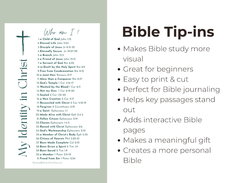 Peut inclure: Une feuille imprimable blanche pr&eacute;sentant une liste intitul&eacute;e My Identity in Christ avec trente et une affirmations spirituelles num&eacute;rot&eacute;es et des r&eacute;f&eacute;rences bibliques. Le c&ocirc;t&eacute; droit affiche le texte marron fonc&eacute; Bible Tip-ins suivi d'une liste &agrave; puces de six points descriptifs concernant l'utilisation et les avantages de ces pages imprimables pour l'&eacute;tude.