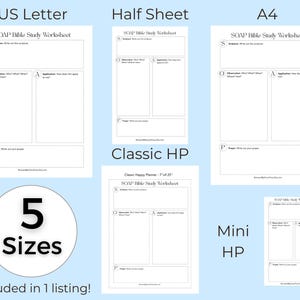 Puede incluir: Un conjunto de cinco hojas de trabajo imprimibles para el estudio b&iacute;blico SOAP en tama&ntilde;os US Letter, Half Sheet, A4, Classic HP y Mini HP. Cada p&aacute;gina blanca presenta texto negro con secciones para Escritura, Observaci&oacute;n y Oraci&oacute;n.