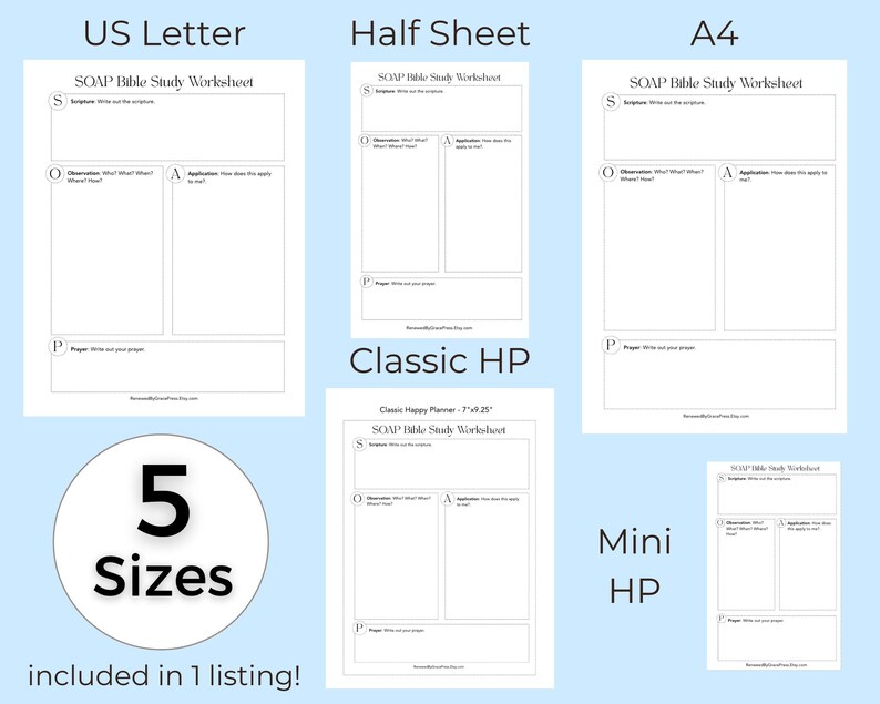 Puede incluir: Un conjunto de cinco hojas de trabajo imprimibles para el estudio b&iacute;blico SOAP en tama&ntilde;os US Letter, Half Sheet, A4, Classic HP y Mini HP. Cada p&aacute;gina blanca presenta texto negro con secciones para Escritura, Observaci&oacute;n y Oraci&oacute;n.