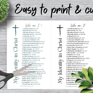 Peut inclure: Une feuille imprimable pr&eacute;sentant deux colonnes de texte intitul&eacute;es Who am I? et My Identity in Christ, listant 31 affirmations bibliques avec des r&eacute;f&eacute;rences aux &eacute;critures. Le design inclut une croix, des ciseaux noirs et des feuilles vertes.