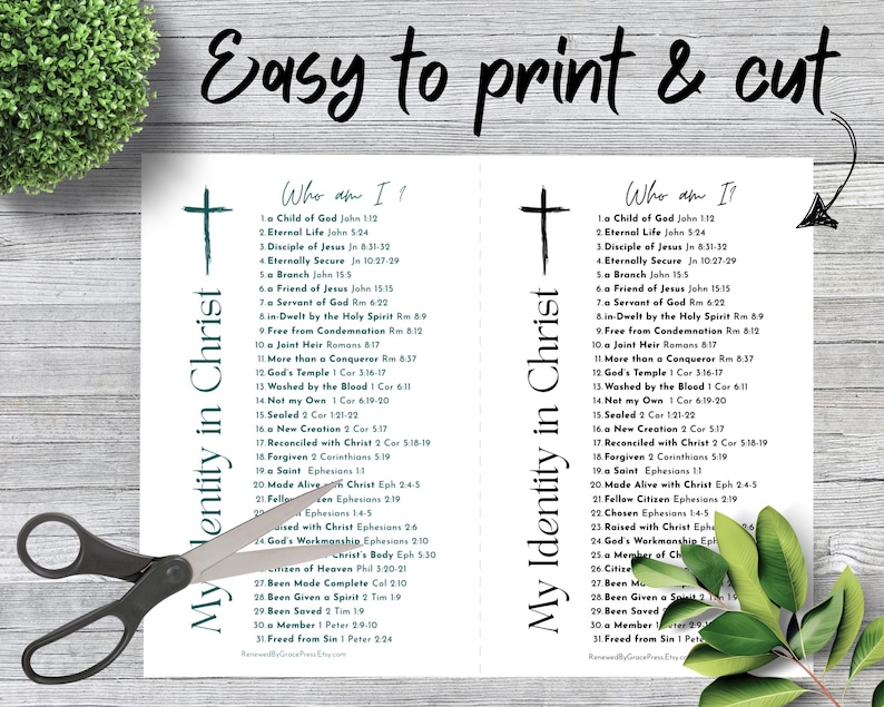 Peut inclure: Une feuille imprimable pr&eacute;sentant deux colonnes de texte intitul&eacute;es Who am I? et My Identity in Christ, listant 31 affirmations bibliques avec des r&eacute;f&eacute;rences aux &eacute;critures. Le design inclut une croix, des ciseaux noirs et des feuilles vertes.