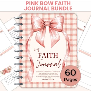 May include: A pink journal bundle with a large pink bow design and the text "my FAITH Journal". The journal has a gingham pattern background and includes 60 pages. Additional pages with prompts are visible.