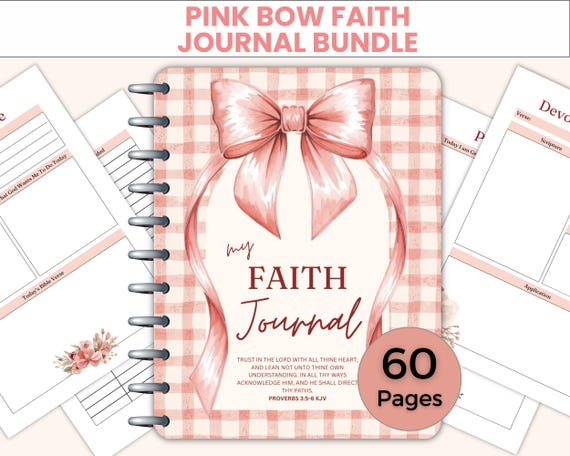 Pink Bow Faith Journal Printable | Christian Bible Study & Prayer Journal | Coquette Christian Gratitude Devotional Worksheets