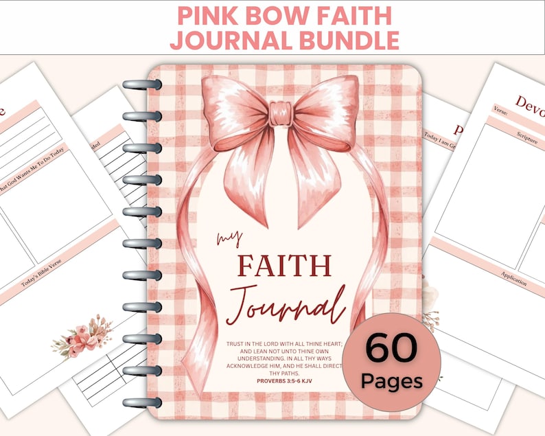 May include: A pink journal bundle with a large pink bow design and the text "my FAITH Journal". The journal has a gingham pattern background and includes 60 pages. Additional pages with prompts are visible.