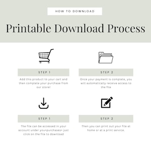 May include: A graphic illustrating the printable download process. The text reads "Printable Download Process" with steps including adding to cart, accessing the file, and printing. Icons include a shopping cart, file folder, and a pen.