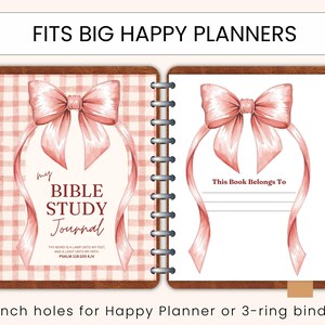 May include: Open Bible study journal with a pink bow design. The journal is open to two pages, with the text "my BIBLE STUDY Journal" on the left page and "This Book Belongs To" on the right. The journal is designed to fit Big Happy Planners.
