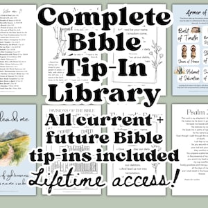 May include: A collection of eight printable Bible tip-in pages featuring religious text and illustrations, including My Identity in Christ, Armor of God, He leads me, Divisions of the Bible, The Lord's Prayer, and Psalm 23 with a sheep graphic.