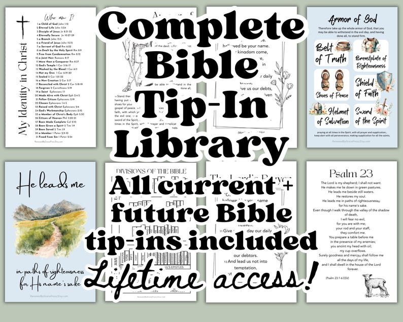 May include: A collection of eight printable Bible tip-in pages featuring religious text and illustrations, including My Identity in Christ, Armor of God, He leads me, Divisions of the Bible, The Lord's Prayer, and Psalm 23 with a sheep graphic.