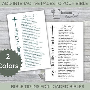 Peut inclure: Deux feuilles imprimables blanches pr&eacute;sentant le texte My Identity in Christ et une liste de trente et une affirmations bibliques. Chaque feuille comprend un graphique de croix et des r&eacute;f&eacute;rences bibliques. Une version est en vert fonc&eacute; et l'autre en noir.