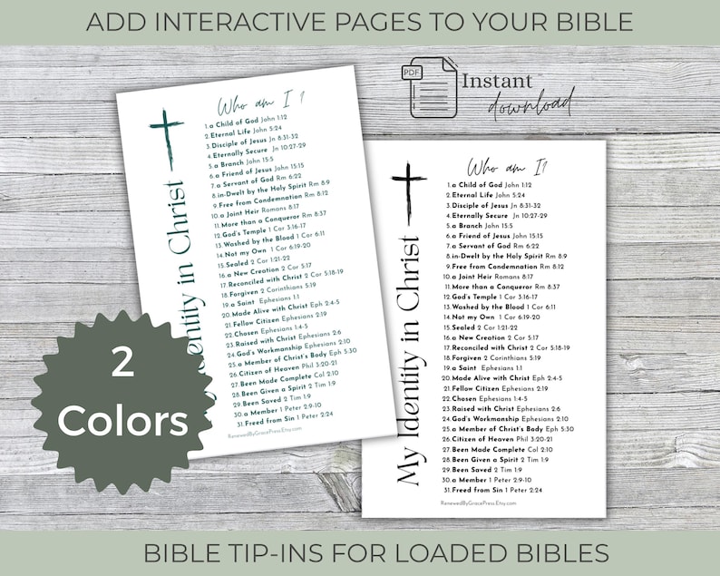 Peut inclure: Deux feuilles imprimables blanches pr&eacute;sentant le texte My Identity in Christ et une liste de trente et une affirmations bibliques. Chaque feuille comprend un graphique de croix et des r&eacute;f&eacute;rences bibliques. Une version est en vert fonc&eacute; et l'autre en noir.
