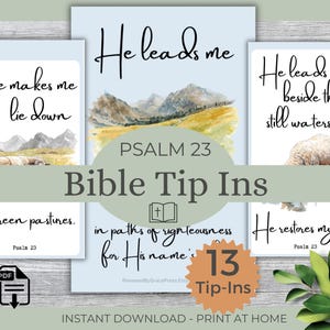 Peut inclure: Ensemble de Tip-Ins bibliques imprimables avec des illustrations de paysages à l'aquarelle et des citations scripturaires du Psaume 23. Les designs incluent des phrases comme "Il me conduit".