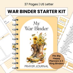 Peut inclure: Un "War Binder Starter Kit" avec un design à l'aquarelle. La couverture présente une paire de bottes remplies de tournesols. Le kit comprend un journal de prière, des onglets et des pages. Le texte indique "My War Binder" et "Prayer Journal".