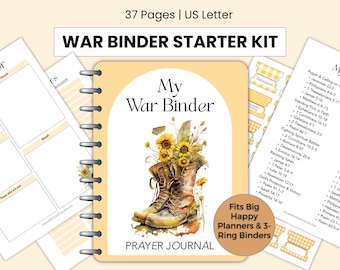 May include: A "War Binder Starter Kit" with a watercolor design. The cover features a pair of boots filled with sunflowers. The kit includes a prayer journal, tabs, and pages. The text reads "My War Binder" and "Prayer Journal".