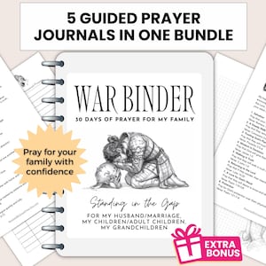 May include: A bundle of five guided prayer journals. The central journal, titled "War Binder," features a black and white illustration of two figures. The text includes "30 Days of Prayer for My Family" and "Standing in the Gap."