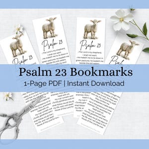 May include: White bookmarks with a watercolor illustration of a lamb and the text "Psalm 23". The bookmarks also include a verse from the Bible. The words "Psalm 23 Bookmarks" and "1-Page PDF | Instant Download" are also visible.