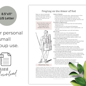 May include: A printable PDF document with the title "Praying on the Armor of God." The page includes a list of prayers and a black and white illustration of a Roman soldier. The document is designed for personal and small group use and is an instant download.
